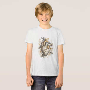 blommig söt anatomisk hjärta guld och grå t shirt