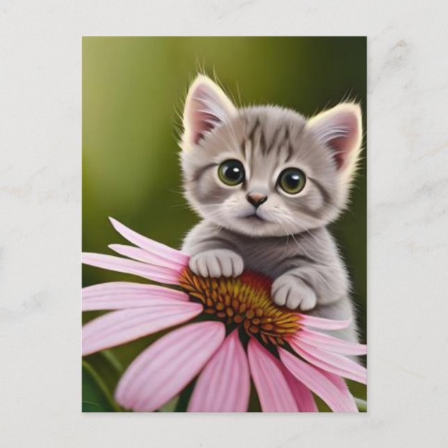 Blommig söt liten grå katt vykort (Framsida)