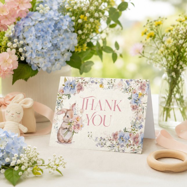 Blommig Söt Liten Kanin Bebis Shower Tack Kort (Floral Sweet Little Bunny Baby Shower Thank You Card)
