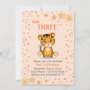 Blommig söt vild tre tiger 3-års födelsedagsinbjud inbjudningar