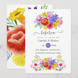 Blommig spansk fiesta-bröllop spara datumet