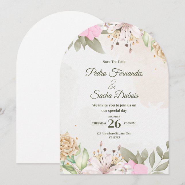 Blommig Spara Datum Inbjudan | Elegant Bröllop  (Fram/baksida)