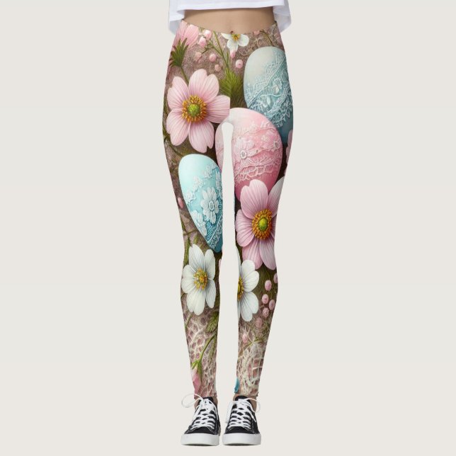 Blommig spets pastell rosa påskägg och blommor leggings (Framsida)