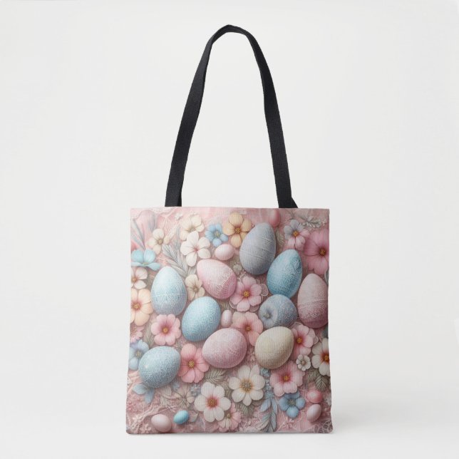 Blommig spets pastell rosa påskägg och blommor  tygkasse (Framsida)