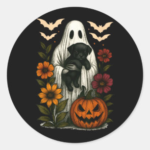 Blommig spök svart hund Coquette rolig Halloween Runt Klistermärke