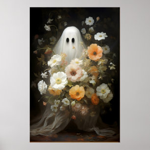 Blommig spökporträtt tryck, kuslig gotisk poster