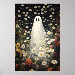 Blommig spökporträtt tryck, Vintage Gothic Olja Poster