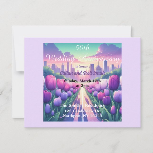 Blommig stadsbild 50 bröllopsjubileum inbjudan (Framsida)