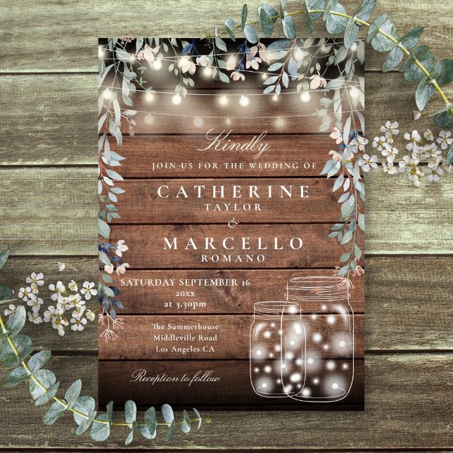 Blommig Strängljus Masonkruka Rustik Trä Bröllop Inbjudningar (Floral String Lights Mason Jar Rustic Wood Wedding Invitation)