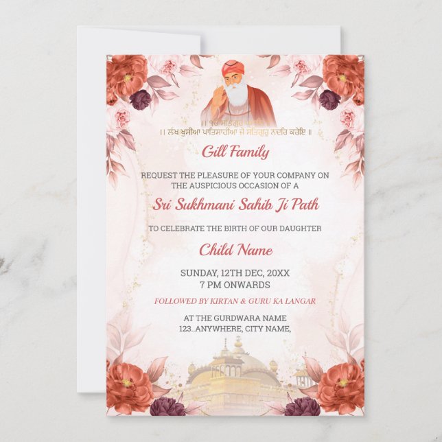 Blommig Sukhmani Sahib Paath-inbjudan Inbjudningar (Framsida)