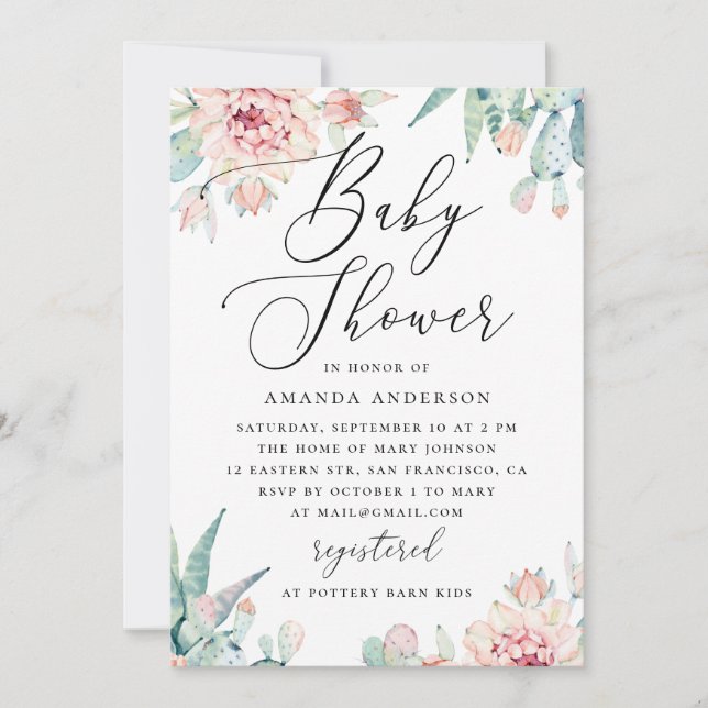 Blommig Sukkulent Baby Shower | Elegant Boho Kaktu Inbjudningar (Framsida)