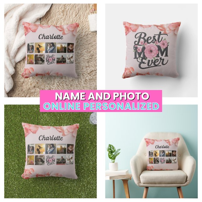 Blommig Super Mamma Alltid Text Moder Foto Collage Kudde (Floral Best Mom Ever Script Mother's Photo Collage Throw Pillow)