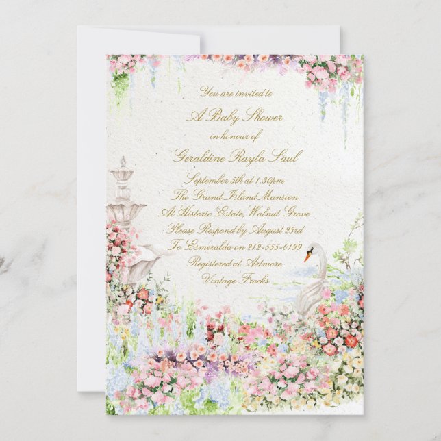 blommig svan chic kalligrafi baby shower inbjudningar (Framsida)