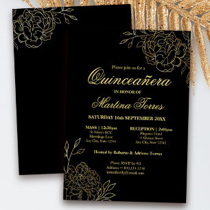 Blommig Svart Guld Fin Konstart Quinceanera och Mä Inbjudningar