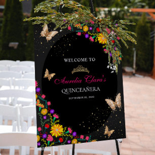 Blommig svart guldtiara fjäril Mis Quinceañera Poster