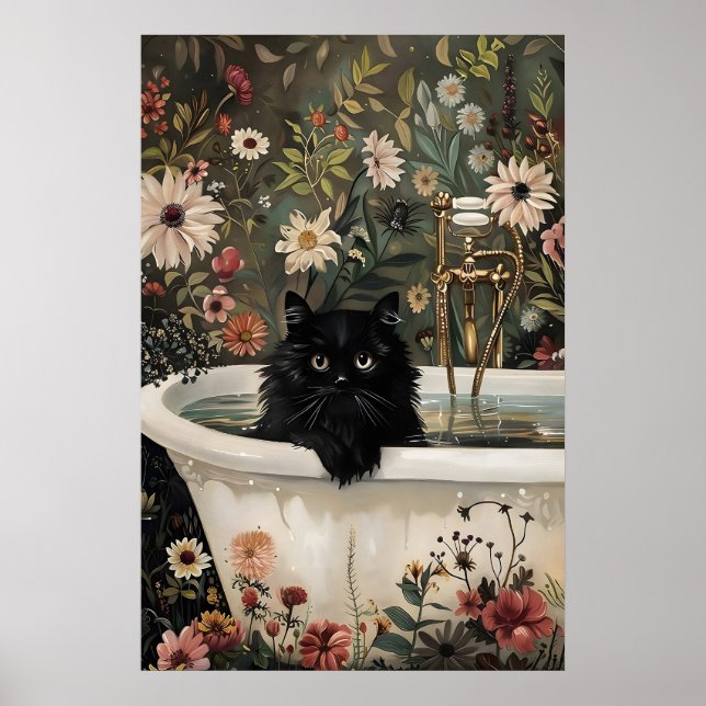 Blommig svart katt badrumstryck, botaniskt blommot poster (Framsidan)