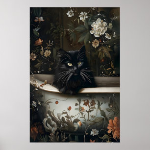 Blommig svart katt badrumstryck, gotisk poster
