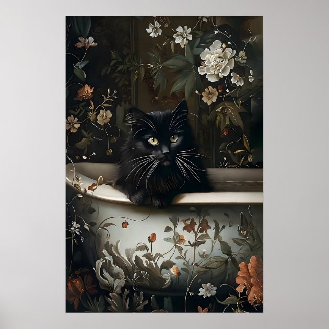 Blommig svart katt badrumstryck, gotisk poster (Framsidan)