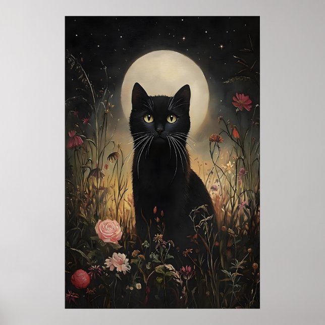 Blommig svart katt måntryck, blomma katt i fält poster (Framsidan)