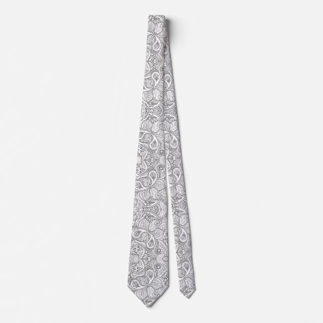 Blommig svart och vit Paisley  Slips (Framsida)