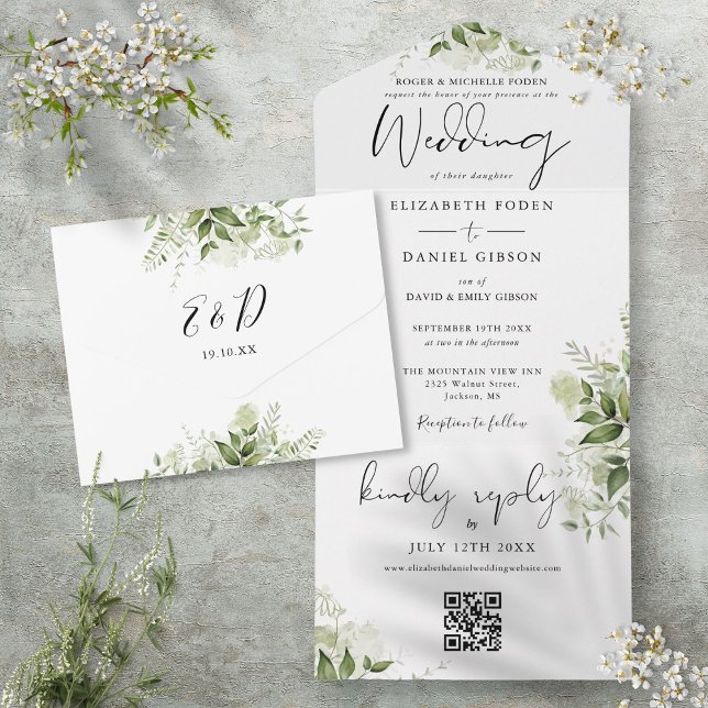 Blommig svart och vit QR-kod formell bröllop (Floral Black And White QR Code Formal Wedding All In One Invitation)