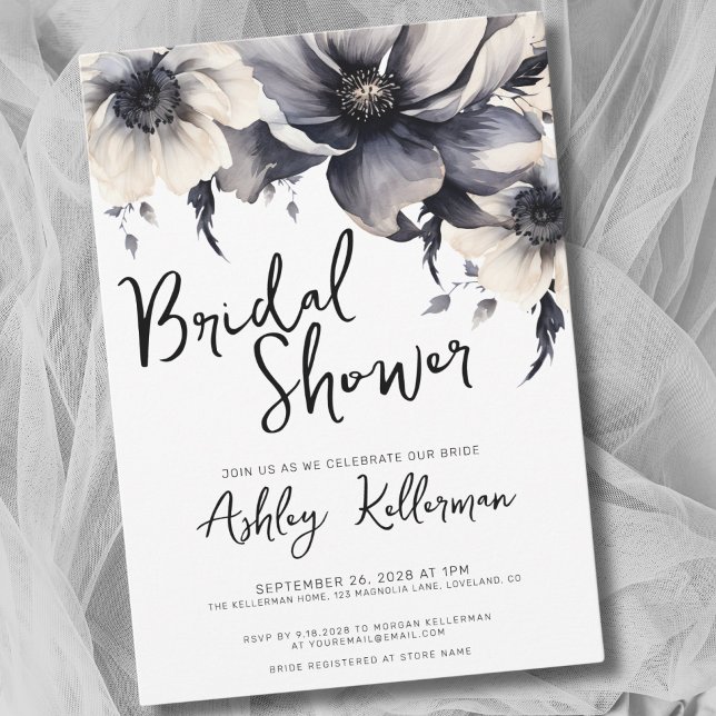 Blommig Svart Vit Bröllopsdusch Inbjudningar (Boho Elegant Floral Black White Bridal Shower Invitation)