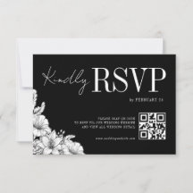 Blommig Svart Vit Rustik QR Monogram Bröllop