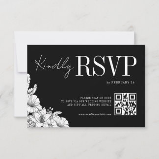 Blommig Svart Vit Rustik QR Monogram Bröllop OSA Kort