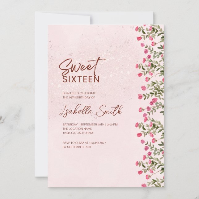 Blommig Sweet 16-festinvitation – Elegant Rustik  Inbjudningar (Framsida)