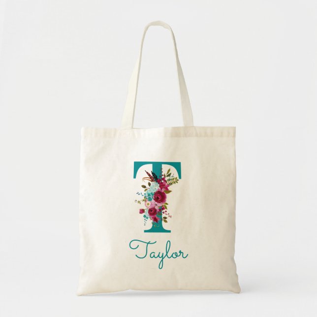 Blommig T-bokstav Skript Monogram Teal Rosa Tygkasse (Framsidan)