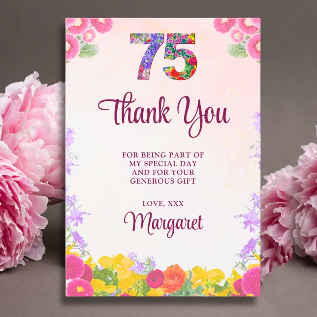 Blommig tack för 75-årsdag - Rosafärgad blomning 7 Kort (Skapare uppladdad)