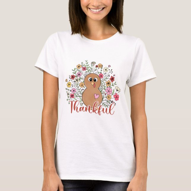Blommig Tacksam Turkiet - Thanksgiving T Shirt (Framsida)
