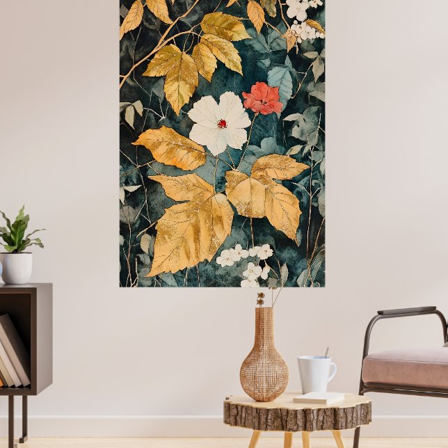Blommig tapet, blomster mönster i botanisk stil poster (Vardagsrum 3)