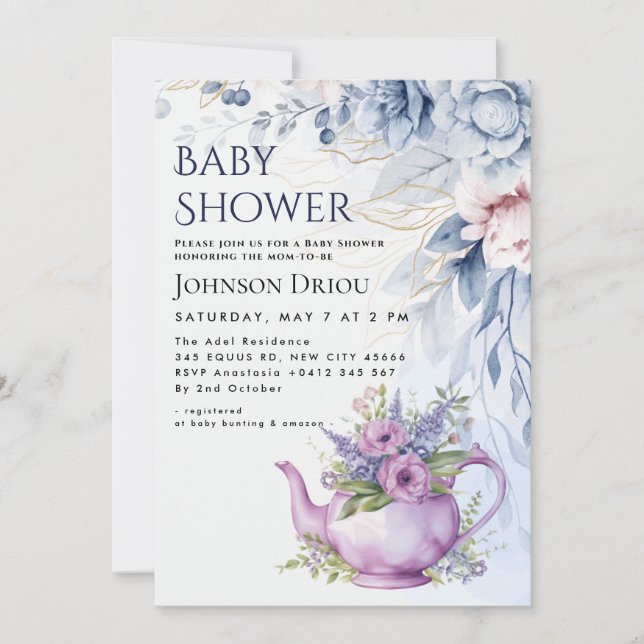 Blommig Tea Party Baby Shower Inbjudan (Framsida)