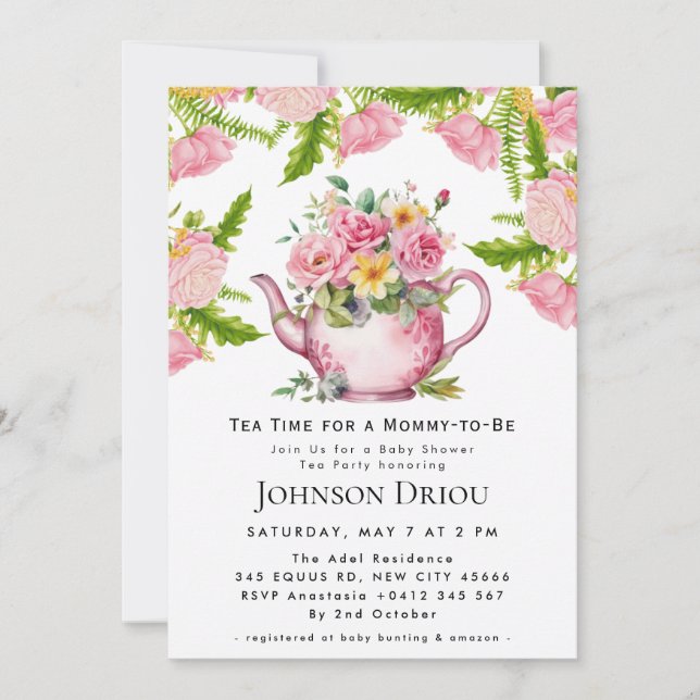 Blommig Tea Party Baby Shower Inbjudan (Framsida)