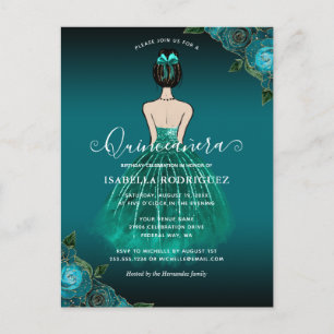 Blommig Teal Prinsessa Guld Födelsedag Quinceañera Vykort