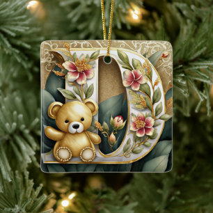 Blommig teddybjörn bokstav D Julgransprydnad Keramik