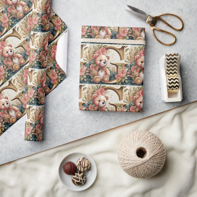 BLommig Teddybjörn bokstav G Presentpapper (Hantverk)