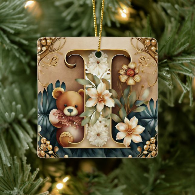 BLommig teddybjörn bokstav I Julgransprydnad Keramik (Träd)
