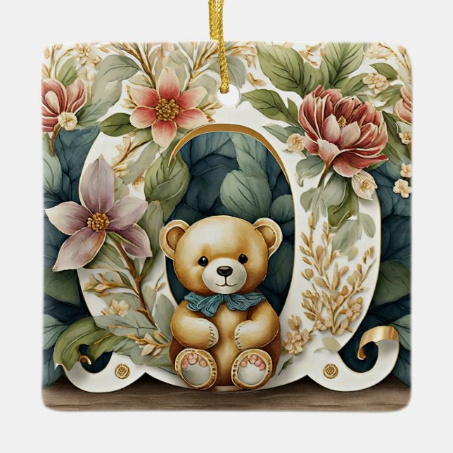 BLommig teddybjörn bokstav O Julgransprydnad Keramik (Framsida)
