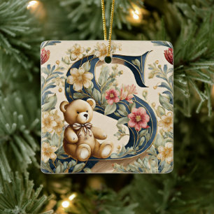 Blommig teddybjörn bokstav S Julgransprydnad Keramik