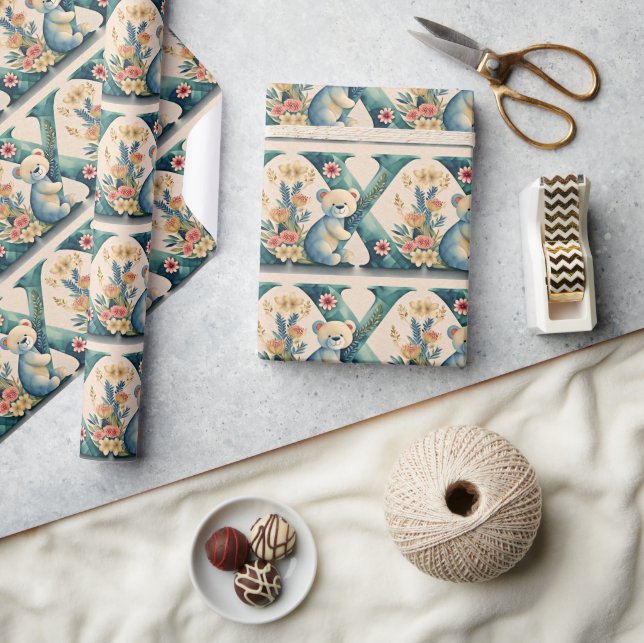 BLommig teddybjörn bokstav X Presentpapper (Hantverk)