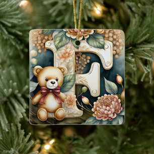 Blommig teddybjörn bokstaven F Julgransprydnad Keramik