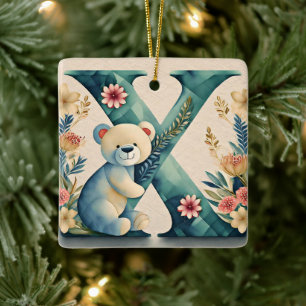 Blommig teddybjörn bokstaven X Julgransprydnad Keramik