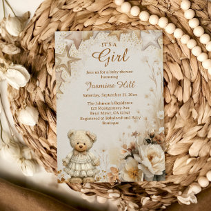 Blommig Teddybjörn Det är en flicka - Baby Shower Inbjudningar