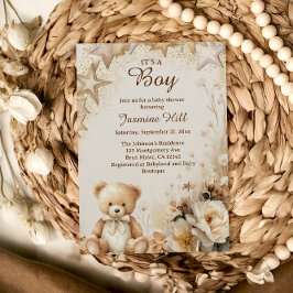 Blommig Teddybjörn Det är en pojke - Baby Shower Inbjudningar