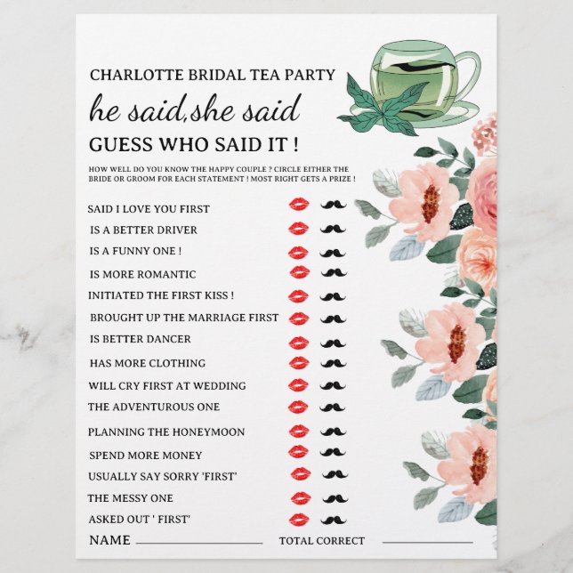 Blommig Tefest Bröllopsduschspel  Reklamblad (Framsidan)