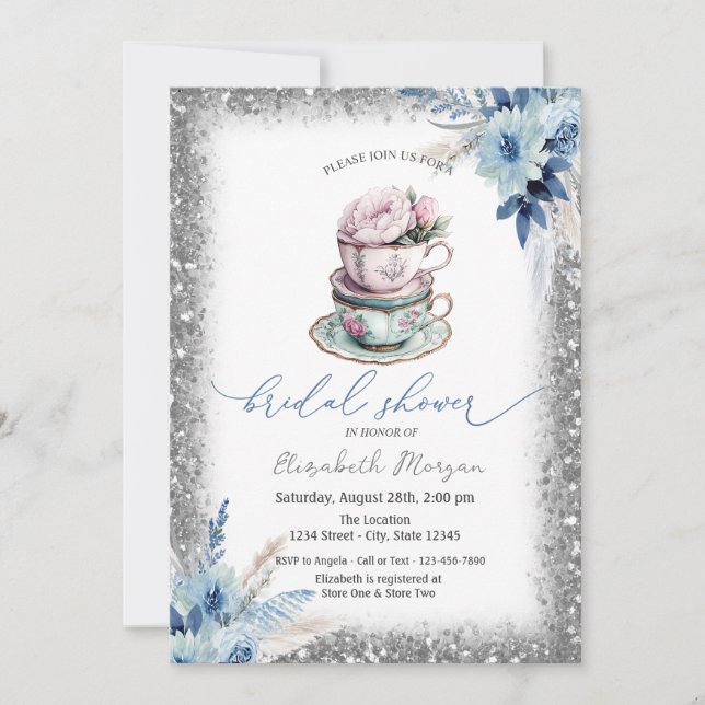 Blommig tekopp Glitter Ram Baby Shower  Inbjudningar (Framsida)