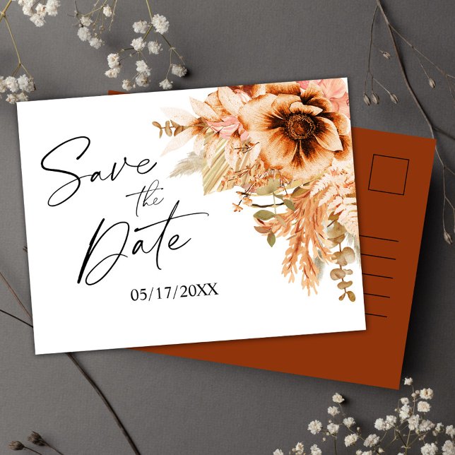Blommig Terrakotta Bröllop Spara Datumet Meddelande Vykort (Floral Terracotta Wedding Save The Date Announcement Postcard)