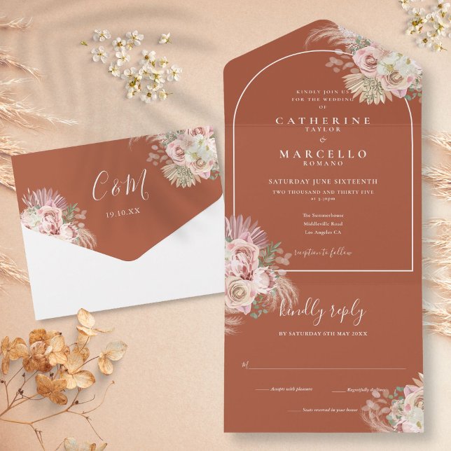 Blommig Terrakotta Pampasgräsbåge Bröllop   (Floral Terracotta Pampas Grass Arch Wedding All In One Invitation)